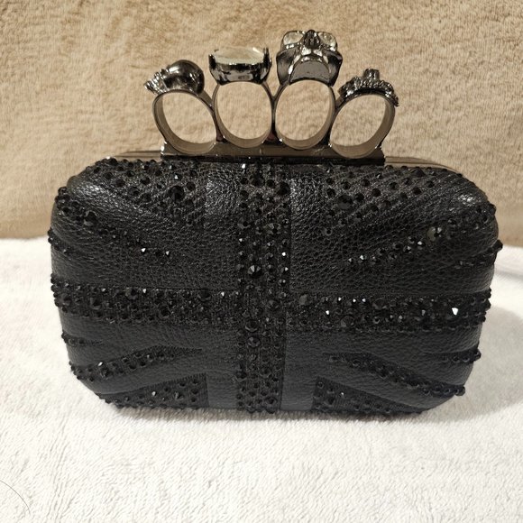 British Flag Handbags - British Flag Clutch purse skulls brass knuckles black leather rhinestone